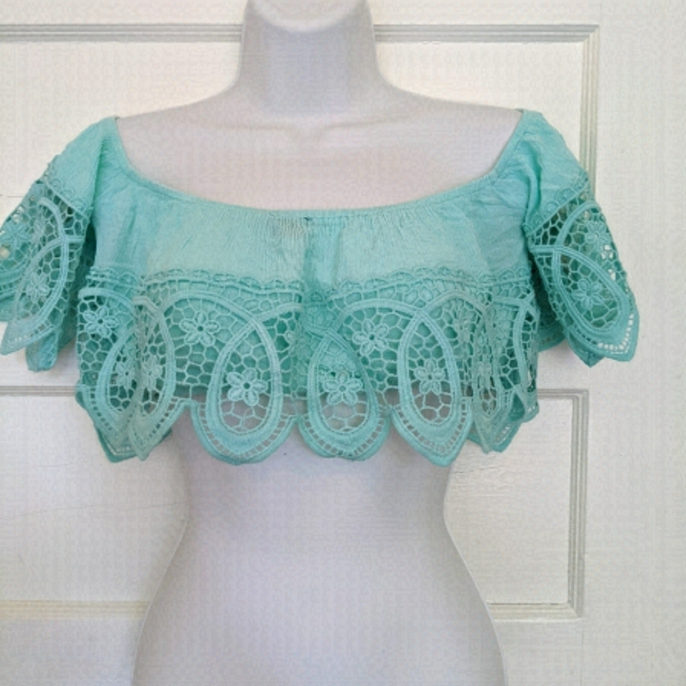 Uk2LA BATTENBERG STYLE LACE TURQUOISE MINT CROPPED SHORT SLEEVE TOP SIZE…